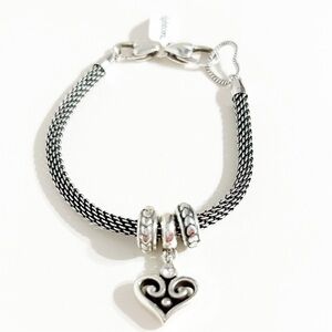 NWT Brighton Silver Plated Mesh Heart Charm Bracelet Crystal Accent Two Spacers